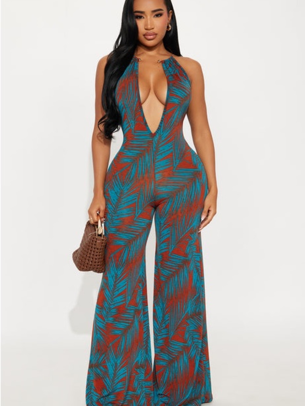 Fashion Nova Teal & Rust Palm-Print Plunge Halter Jumpsuit